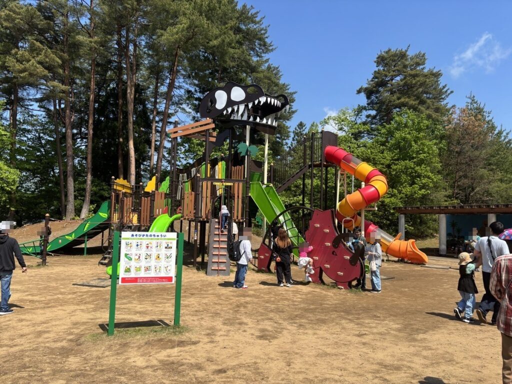 かつやま恐竜の森・チャマゴン広場のティラノサウルスの頭がついた遊具とカラフルな滑り台