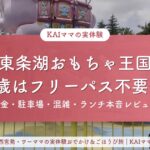 東条湖おもちゃ王国の子連れレビュー記事のアイキャッチ（3歳はフリーパス不要・料金・駐車場・混雑・ランチ）