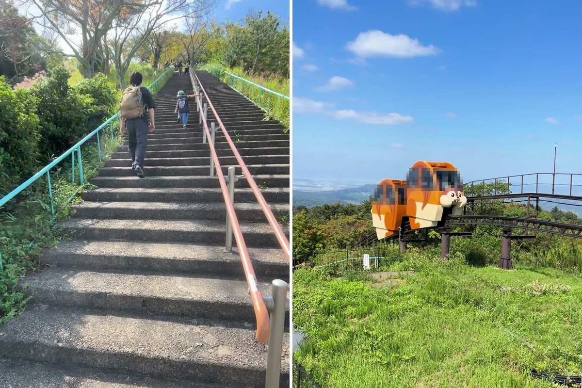 駐車場からの急な階段と、りすの乗り物「DONDONどんぐリス」
