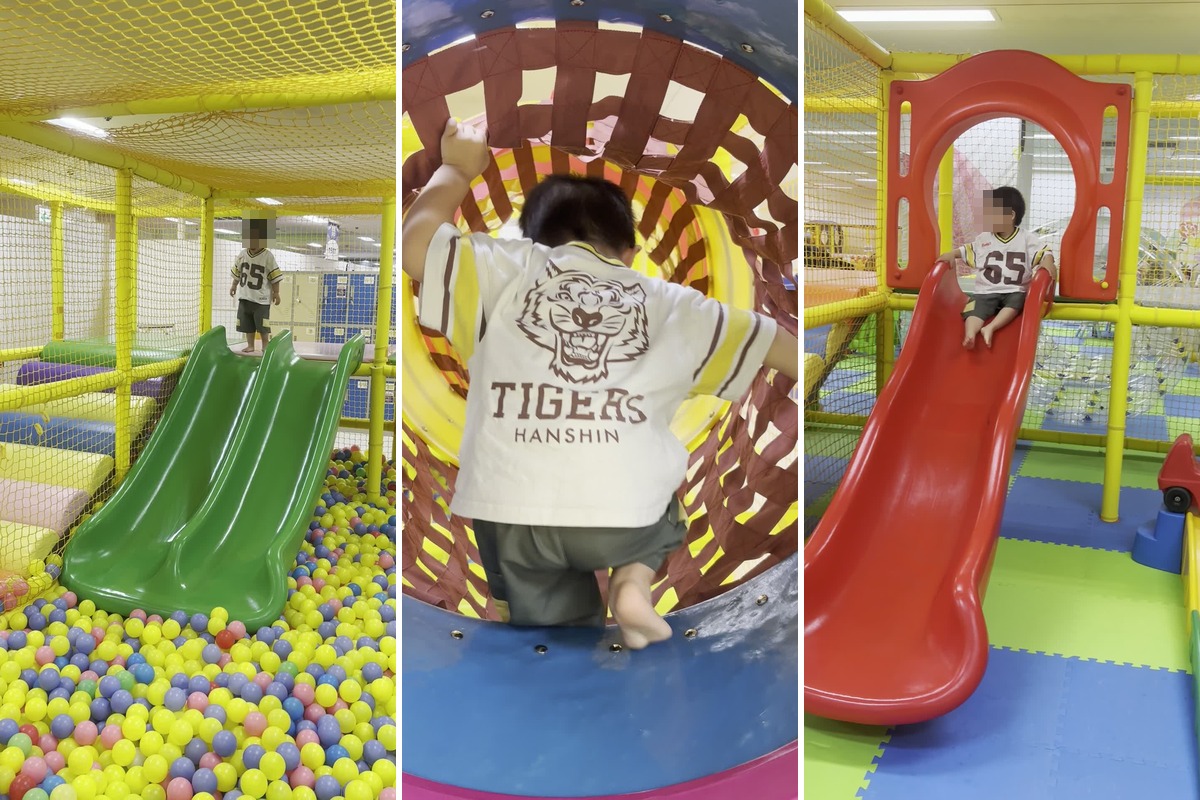 緑の滑り台と一面のボールプール・中に入って回る円筒遊具・小さい子向けの赤い滑り台