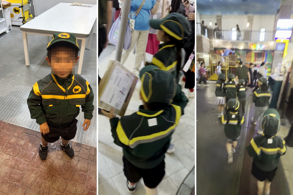 キッザニア甲子園の宅配センター（ヤマト運輸）体験：制服姿の3歳／台車で荷物を運ぶ／街を歩いて配達