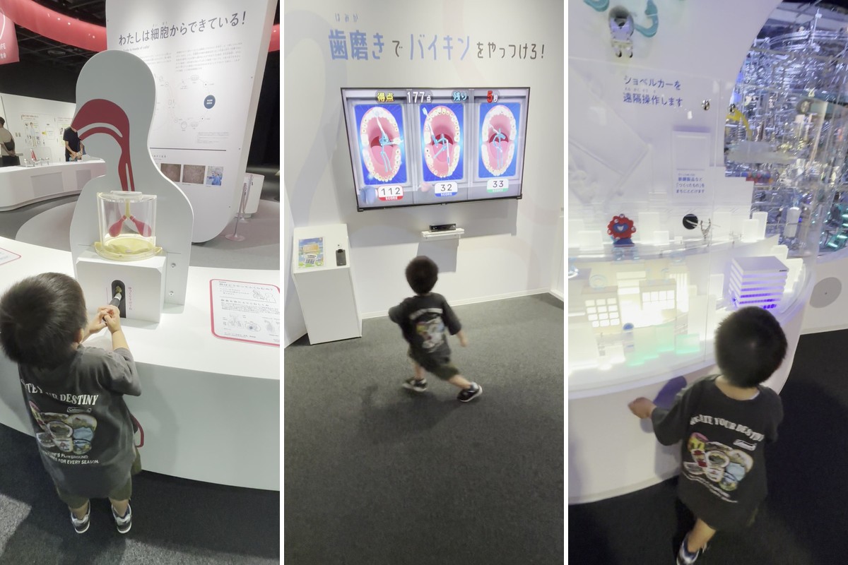 バンドー神戸青少年科学館の生命・産業の展示。呼吸のしくみの模型を動かす子ども、歯みがきでバイキンをやっつけるゲーム、ショベルカーを遠隔操作する展示