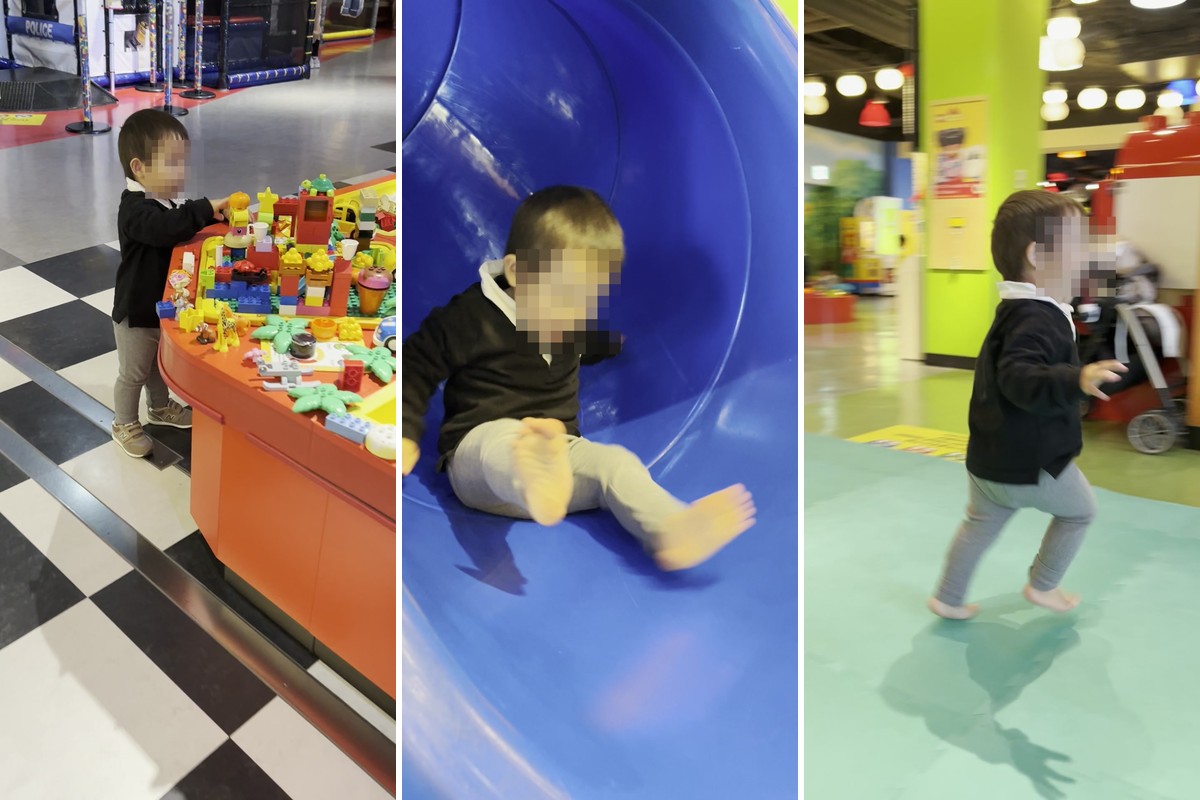 2歳の初回訪問:デュプロ®ファームのテーブル・青いチューブすべり台・遊び場を走り回る様子