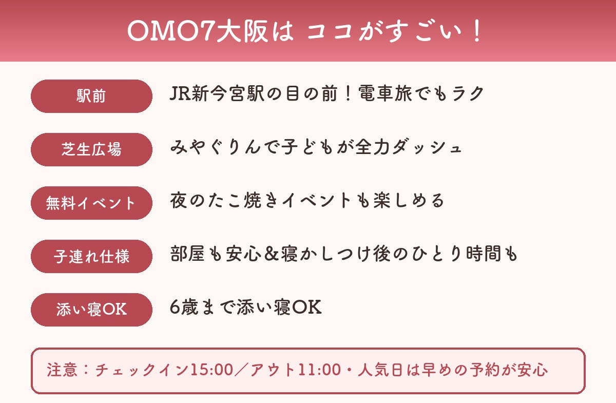 OMO7大阪の子連れメリットまとめ図解（駅前立地・芝生広場・無料イベント・添い寝OK）
