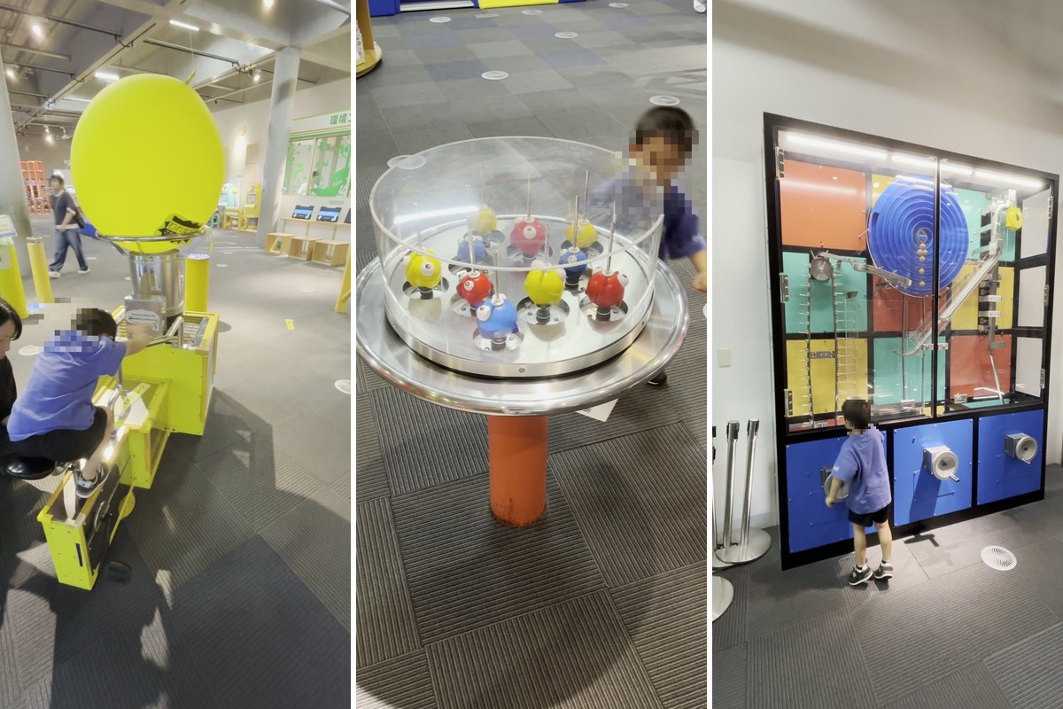 灘浜サイエンススクエアの体験展示3種（大きな風船の実験・回転する人形・ボールのからくり壁）