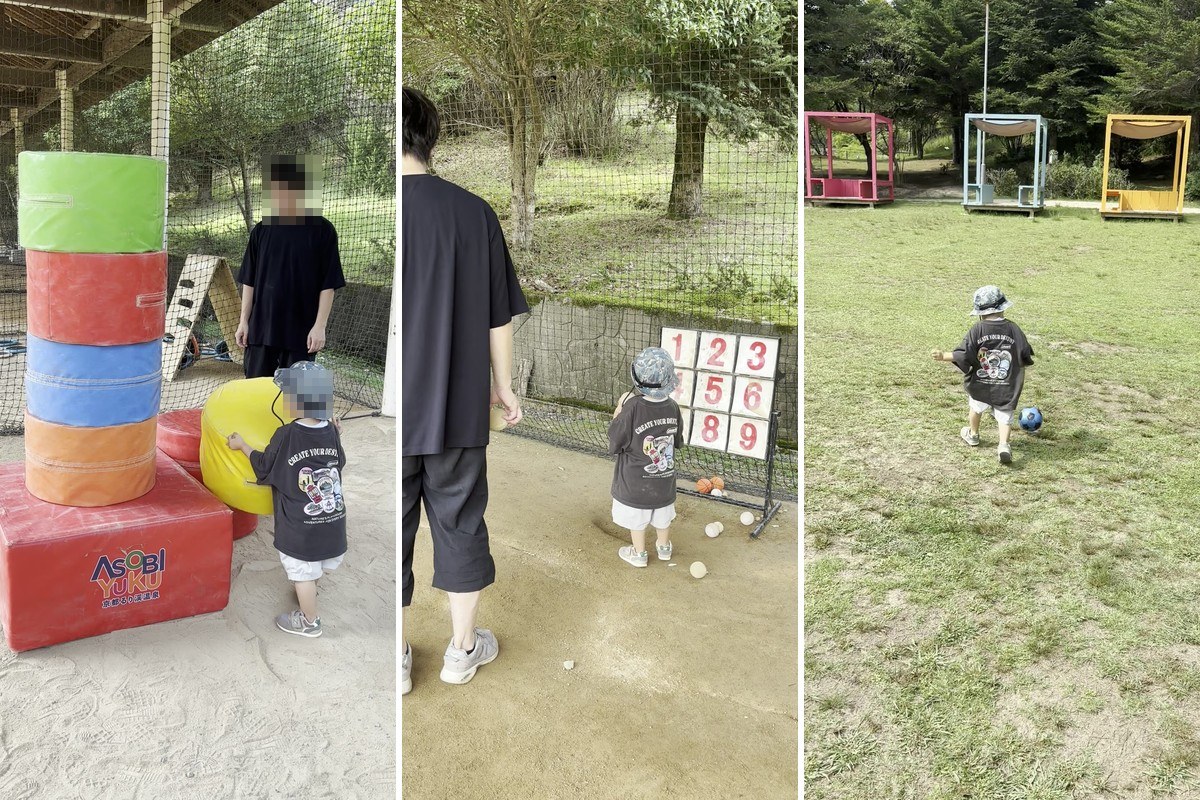 PLAYING FIELDの巨大ブロック積み・ストラックアウト・芝生広場でサッカー