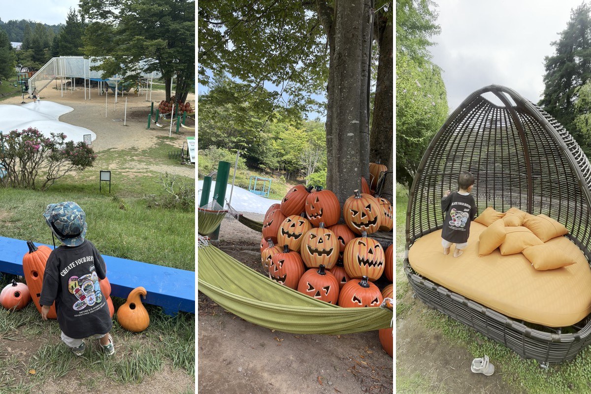 ふわふわドームとネットアスレチックを見下ろす子ども・ハロウィンかぼちゃとハンモック・たまご型のデイベッド