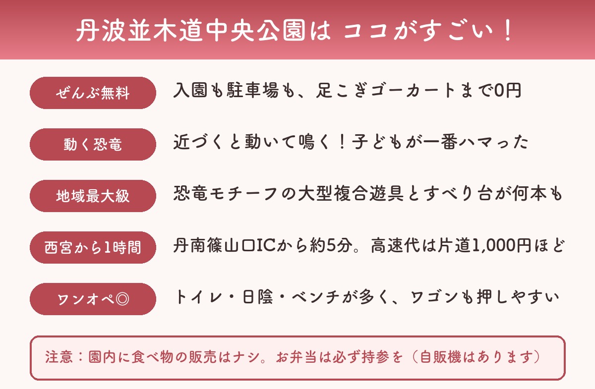 丹波並木道中央公園の子連れメリットまとめ図解（無料・近づくと動く恐竜・地域最大級の遊具・西宮から1時間・ワンオペ◎）
