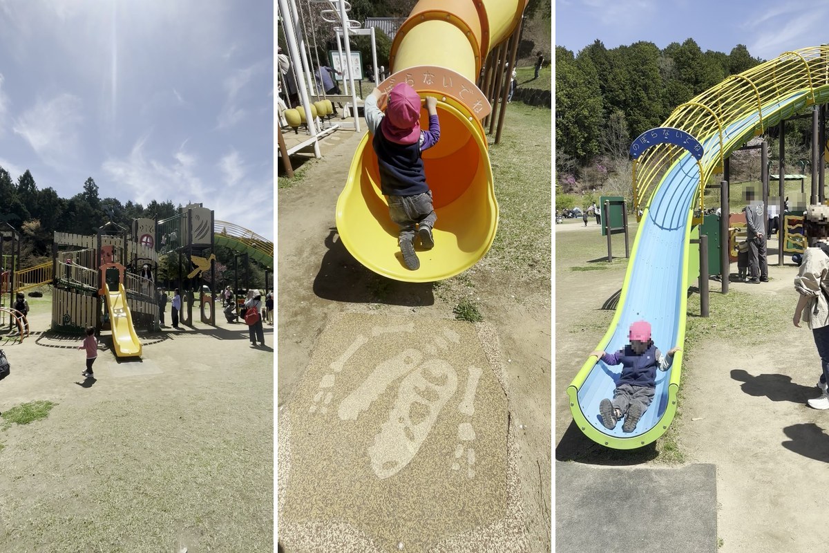 丹波並木道中央公園の大型複合遊具と2種類のすべり台で遊ぶ子ども