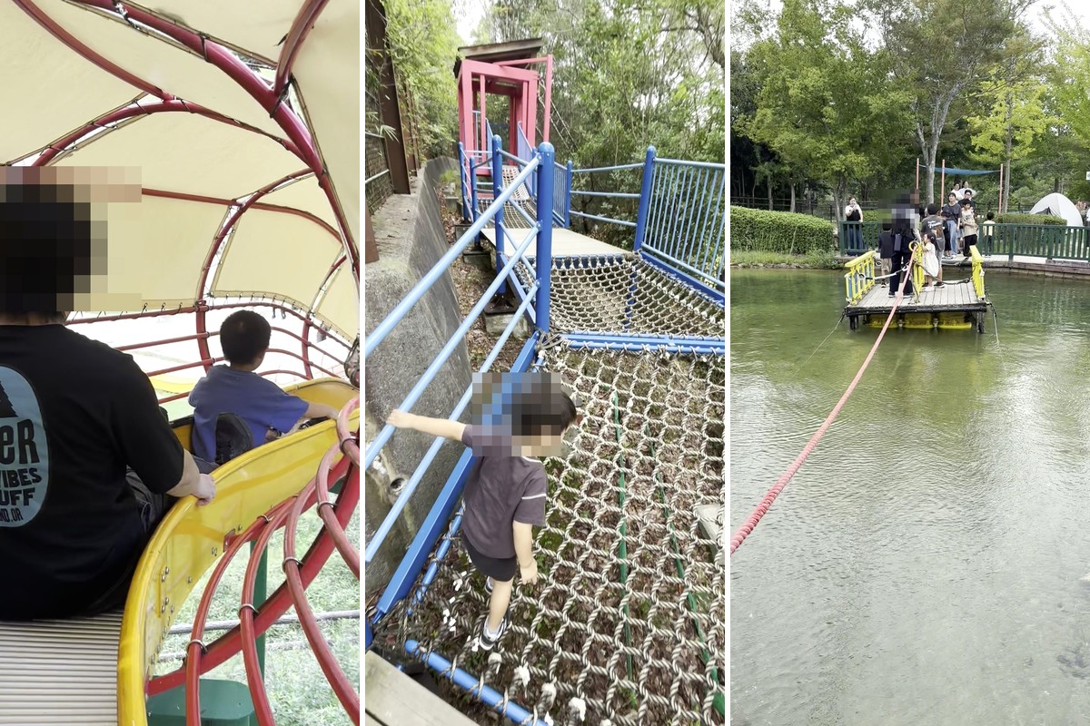 親子で滑るロングスライダー・ネットの遊具・池をわたる冒険イカダの全景