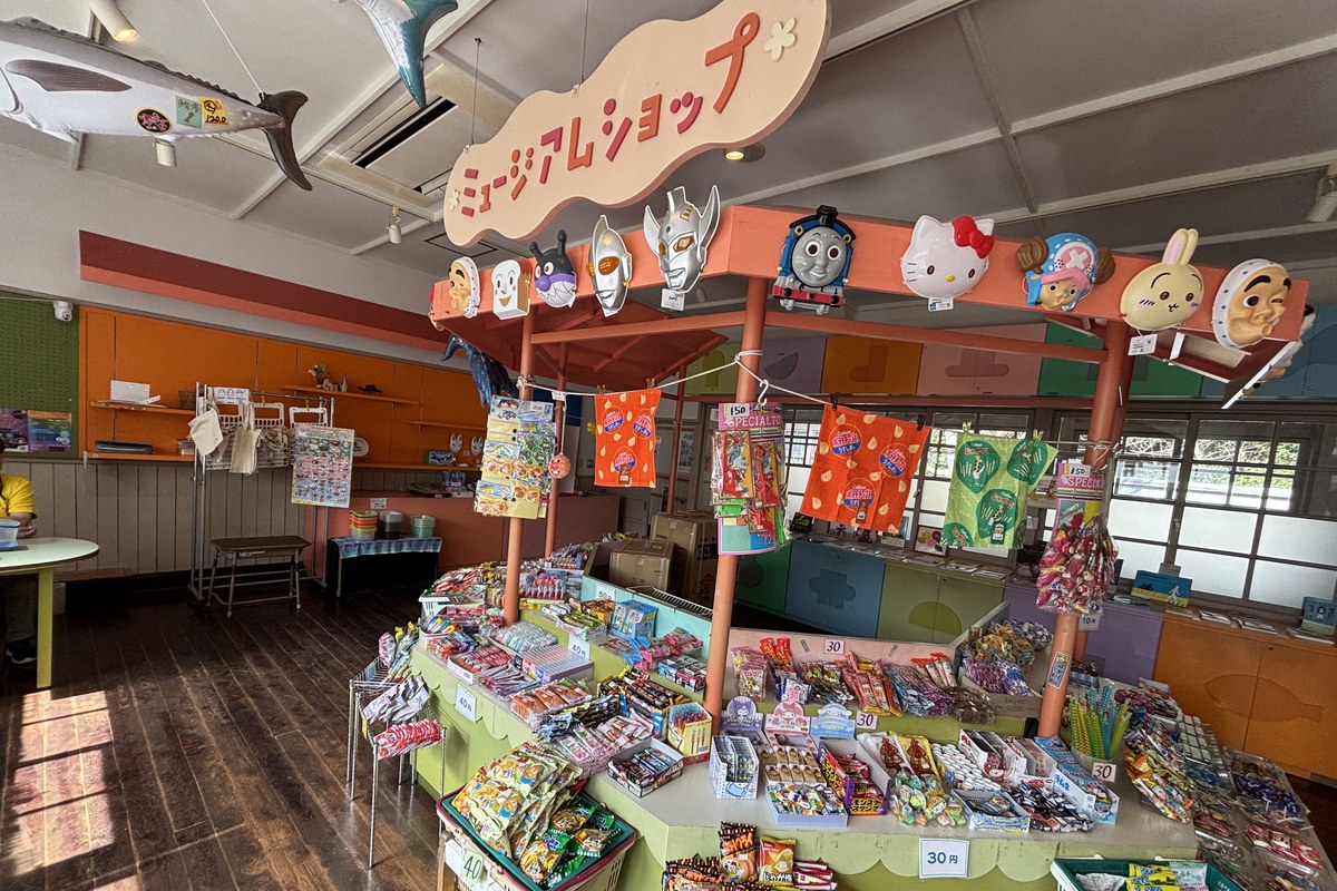 校舎の中のミュージアムショップ（駄菓子屋）の全景。10円・20円の駄菓子が並ぶ