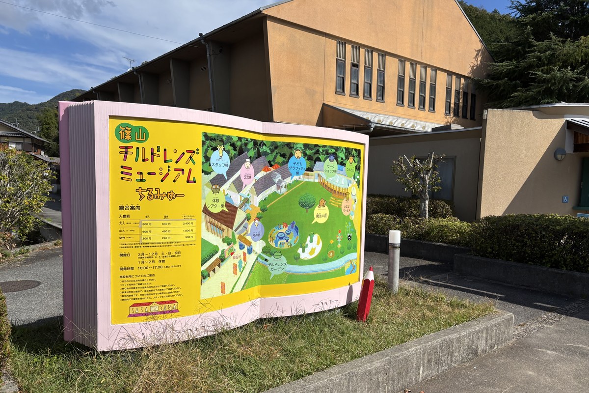 入口にある本の形をした案内看板。篠山チルドレンズミュージアム ちるみゅーの全体図と入館料が書かれている