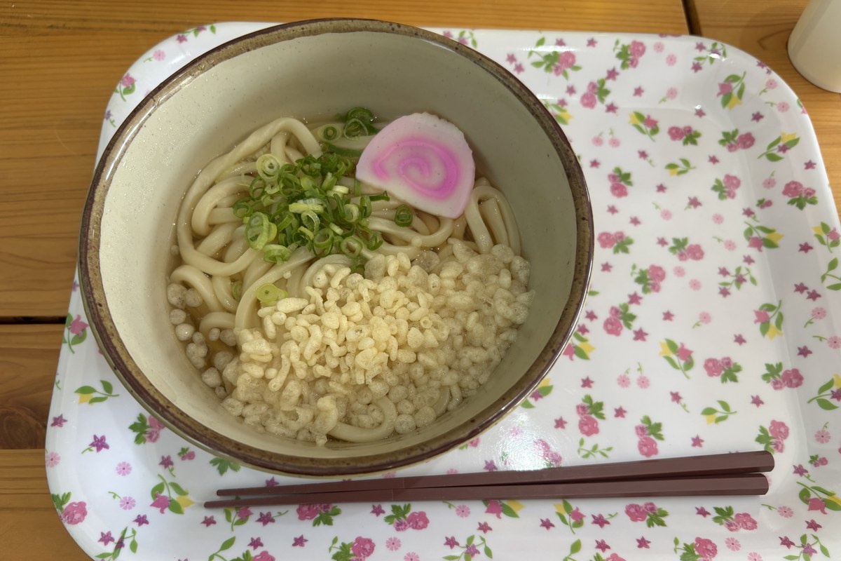 キッズメニューのきつねうどん500円。やわらかめの麺にかまぼことねぎ