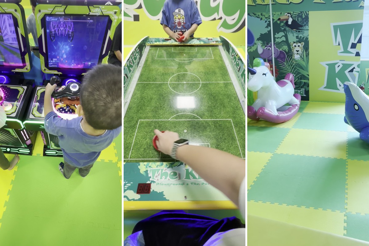 ザキッズ六甲アイパーク店のゲーム機コーナー、エアホッケー、窓ぎわの乗り物（3枚組）