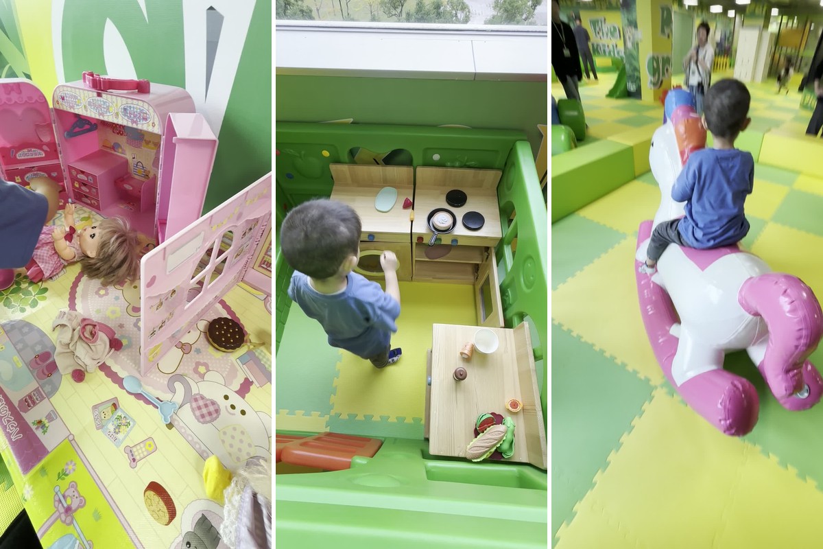 めるちゃんのお家で遊ぶ手元、木のキッチンでおままごとをする4歳の息子、ユニコーンの乗り物（3枚組）